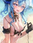  1girl @_@ absurdres bare_shoulders bikini black_bikini black_choker black_gloves blue_eyes blue_hair blue_ribbon blush breasts choker collarbone commentary_request ebihurai front-tie_bikini_top front-tie_top gloves hair_between_eyes highres hololive hoshimachi_suisei looking_at_viewer medium_hair navel open_mouth ribbon side_ponytail small_breasts star_(symbol) star_in_eye swimsuit symbol_in_eye virtual_youtuber wet 
