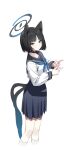  1girl absurdres animal_ears black_eyes black_hair black_sailor_collar black_skirt blue_archive blue_halo blue_neckerchief cat&#039;s_cradle cat_ears cat_tail closed_mouth feet_out_of_frame halo harebunny highres kikyou_(blue_archive) long_sleeves multiple_tails neckerchief pleated_skirt sailor_collar school_uniform serafuku short_hair simple_background skirt socks solo tail two_tails white_background white_socks 