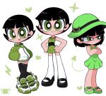 1girl black_footwear black_thighhighs blush buttercup_(ppg) commentary crossed_arms demon_tail dress english_commentary green_dress green_eyes hands_in_pockets hands_on_own_hips hat hat_ribbon heart highres jacket kim_crab lightning_bolt_symbol looking_at_viewer mary_janes multiple_views powerpuff_girls ribbon sandals shoes short_hair sleeveless sleeveless_dress smile sneakers sparkle sulking sundress tail thighhighs tongue tongue_out white_thighhighs 