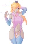 1girl absurdres bangs bare_shoulders blonde_hair blue_eyes breasts crown earrings hair_over_one_eye highres jewelry large_breasts long_hair looking_at_viewer mario_(series) melowh navel rosalina sideboob solo star_(symbol) star_earrings super_mario_galaxy thighhighs thighs white_background 