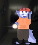  anthro beanie blue_body blue_fur claws clothing crinklebonez digital_media_(artwork) fur gloop_mudsly hat headgear headwear hoodie horn low_res male open_mouth phasmophobia solo teeth tongue topwear walkie-talkie 