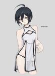  1boy absurdres ahoge alternate_costume artist_name bare_shoulders black_hair black_panties brown_eyes cleavage_cutout clothing_cutout cropped_legs crossdressing danganronpa_(series) danganronpa_v3:_killing_harmony dress ewa_(seraphhuiyu) grey_background grey_dress hand_up highres panties saihara_shuichi short_hair simple_background solo underwear 