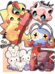  :o animal_focus antennae bird blue_eyes blue_skin colored_sclera colored_skin commentary_request cross-shaped_pupils dark_skin english_text hanabusaoekaki highres jigglypuff lightning_bolt_symbol maushold_(family_of_four) natu no_humans paldean_wooper pikachu pokemon pokemon_(creature) smile symbol-shaped_pupils tail thank_you yellow_sclera yellow_skin 