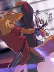  absurd_res anthro brown_body brown_fur canid canine canis clothed clothing domestic_cat domestic_dog duo ereki_kagami felid feline felis fight floppy_ears fur hair hi_res male mammal puinkey_(artist) red_clothing smile tail 