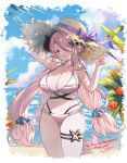  1girl absurdres ayacho beach bikini blue_eyes blue_sky breasts cloud day draph flower granblue_fantasy hair_over_one_eye hat highres horns large_breasts long_hair looking_at_viewer low_twintails narmaya_(granblue_fantasy) narmaya_(summer)_(granblue_fantasy) ocean open_mouth outdoors pink_hair pointy_ears skindentation sky solo straw_hat summer sun_hat swimsuit thick_thighs thigh_strap thighs twintails 