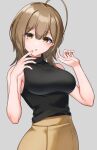  1girl :o absurdres ahoge alternate_hairstyle black_shirt blush breasts camellia_90 dark_skin grey_background highres idolmaster idolmaster_shiny_colors kuwayama_chiyuki large_breasts looking_at_viewer shirt simple_background sleeveless sleeveless_shirt solo 