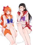  2girls artist_name bishoujo_senshi_sailor_moon black_hair breasts choker closed_eyes closed_mouth cosplay drawing frilled_skirt frills gloves huge_breasts invisible_chair joman knee_up large_breasts legs legs_together long_legs multiple_girls nami_(one_piece) nico_robin one_piece open_mouth orange_choker orange_eyes orange_hair orange_skirt red_choker red_skirt sailor_mars sailor_senshi_uniform sailor_venus short_sleeves simple_background sitting sketch skirt smile white_background white_gloves 