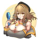  1girl anis_(nikke) bare_arms bare_shoulders between_breasts black_shorts bladeless_fan breasts brown_eyes brown_hair can cleavage couch drink drinking_straw fingernails goddess_of_victory:_nikke hair_between_eyes hand_fan holding holding_fan huge_breasts jacket kuronekozero large_breasts looking_at_viewer on_couch open_clothes open_jacket shirt short_hair shorts sidelocks sitting sleeveless sleeveless_shirt soda_can solo 