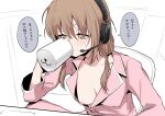  1girl breasts brown_eyes brown_hair chair coffee_mug commentary_request covered_nipples cup drinking headset highres low_twintails medium_breasts mole mole_under_eye mug nipple_slip nipples original pajamas partially_colored pink_pajamas ricochet-gou sitting solo twintails 