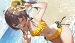  1girl ;d ahoge aqua_eyes beach bikini brown_hair collarbone double_w dutch_angle flower frilled_bikini frills hair_flower hair_ornament hololive looking_at_viewer midriff natsuiro_matsuri natsuiro_matsuri_(3rd_costume) navel one_eye_closed open_mouth sand side_ponytail smile solo swimsuit tan tanlines tokumaro virtual_youtuber w water 