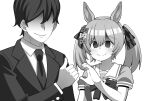  1boy 1girl absurdres animal_ears aramori_susumu blush collarbone commentary_request empty_eyes faceless faceless_male false_smile hair_between_eyes hair_ornament hair_ribbon highres horse_ears looking_at_viewer meme monochrome portrait ribbon school_uniform smart_falcon_(umamusume) smile thumbs_up tracen_school_uniform trainer_(umamusume) translation_request umamusume white_background 