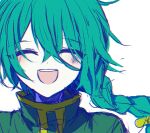  1boy ashe_bradley blush braid closed_eyes green_hair green_jacket jacket long_hair male_focus marukura multicolored_clothes multicolored_jacket open_mouth sketch smile solo teeth witch&#039;s_heart yellow_jacket 
