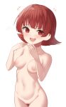  +++ 1girl :d binsen blush breasts collarbone cowboy_shot groin hands_up highres idolmaster idolmaster_million_live! looking_at_viewer medium_breasts navel nipples nonohara_akane nude pubic_hair red_eyes red_hair signature simple_background smile solo white_background 