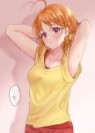  1girl ahoge armpits arms_behind_head arms_up bow braid chigusa_minori commentary_request hair_bow highres light_frown looking_at_viewer love_live! love_live!_sunshine!! orange_hair partial_commentary red_eyes shadow shirt short_hair short_sleeves side_braid solo sweat t-shirt takami_chika translated upper_body yellow_bow yellow_shirt 