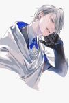  1boy asymmetrical_bangs black_gloves black_jacket blue_eyes cloak collared_shirt cropped_torso cross_tie gloves grey_hair hair_between_eyes head_rest jacket looking_at_viewer male_focus parted_lips shirt short_hair simple_background slowl241 smile solo tassel touken_ranbu white_background white_cloak white_hair yamanbagiri_chougi 