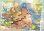  1girl ahoge animal animal_ear_fluff animal_hug bare_shoulders blue_eyes blue_hair crossover day dress granblue_fantasy hug light_(world_flipper) long_hair lyria_(granblue_fantasy) minaba_hideo official_art open_mouth outdoors smile upper_body white_dress world_flipper 