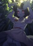  1girl animal_ears arms_up backlighting bare_legs barefoot blurry blurry_foreground breasts carrot_necklace commentary_request depth_of_field dress feet_out_of_frame forest from_below highres inaba_tewi jewelry looking_at_viewer moonlight nature necklace night open_mouth outdoors pink_dress pink_eyes pleated_skirt rabbit_ears rabbit_pose skirt small_breasts solo toes touhou wankosoradayo 