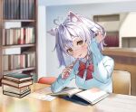  1girl absurdres ahoge animal_ear_fluff animal_ears blue_sweater book bookshelf bow bowtie braid chair collared_shirt commission grey_hair hair_between_eyes hand_in_own_hair heart heart_ahoge highres holding holding_pen indie_virtual_youtuber kohaku_rin_(vtuber) medium_hair open_book pen piyokuma red_bow red_bowtie shirt skeb_commission solo sweater table tongue white_shirt yellow_eyes 