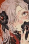  1girl black_coat black_flower blush bow close-up coat flower flower_over_mouth grey_eyes grey_hair gui_mu_(syndrome1002) hair_flower hair_ornament hair_over_one_eye holding holding_flower isekai_joucho kamitsubaki_studio long_hair looking_up multicolored_hair nose_blush red_bow red_hair simple_background solo two-tone_hair virtual_youtuber 