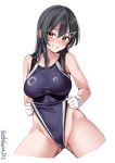  1girl bare_shoulders black_hair black_one-piece_swimsuit blush breasts cameltoe clothes_pull collarbone competition_swimsuit cowboy_shot ebifurya gloves grin groin groin_outline hair_between_eyes hair_ornament hairclip highleg highres kantai_collection large_breasts long_hair looking_at_viewer multicolored_clothes multicolored_swimsuit one-piece_swimsuit one-piece_swimsuit_pull oyashio_(kancolle) simple_background smile solo swimsuit twitter_username two-tone_swimsuit white_background white_gloves yellow_eyes 