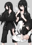  1boy 1girl bald black_hair black_pants black_robe blush breath clenched_hands closed_mouth collarbone dot_nose dougi expressionless feet_out_of_frame fuku_(fuku12290574) grey_background hair_between_eyes highres layered_clothes long_hair long_sleeves looking_at_another martial_arts martial_arts_belt motion_lines multiple_views original pants profile robe shirt sidelocks simple_background straight_hair sweat white_robe white_shirt 