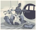  2019 3_toes anthro bed bed_sheet bedding bedroom big_feet buckteeth carrot cotton_tail door epic_games feet food furniture futuristic futuristic_setting greyscale hi_res hindpaw jazz_jackrabbit jazz_jackrabbit_(series) lagomorph lamp leporid lever long_ears looking_down male mammal monochrome on_bed paws pillow plant rabbit reading reading_paper sitting sitting_on_bed smile soles solo spread_legs spreading stormdragonblue teeth toes vegetable wrinkled_feet wrinkled_soles wrinkles 