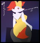  anthro black_body black_fur braixen canid canine covering covering_crotch female fox fur generation_6_pokemon hi_res mammal munchyartz nintendo pokemon pokemon_(species) presenting red_body red_fur simple_background solo teasing_viewer text white_body white_fur yellow_body yellow_fur 