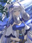  1girl asagi1111 blue_dress blue_eyes blurry blurry_foreground breasts cleavage closed_mouth commentary_request depth_of_field dress feathered_wings gloves grey_hair head_wings long_hair looking_at_viewer medium_breasts melia_antiqua own_hands_together short_sleeves smile solo upper_body very_long_hair white_dress white_gloves white_wings wings xenoblade_chronicles_(series) xenoblade_chronicles_3 