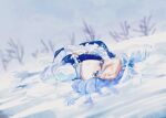  1girl bare_tree blue_eyes blue_hair blurry blurry_background koyane_(silver81106) letty_whiterock looking_at_viewer lying on_back one-hour_drawing_challenge sky snow snow_on_body solo touhou tree white_sky 