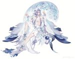  1boy absurdres alternate_costume bare_pectorals bird blue_bird chest_tattoo flower full_body grey_hair highres long_hair looking_at_another lotus male_focus official_alternate_costume onmyoji pectorals solo taishakuten_(onmyoji) tattoo veil weibo_3234452051 white_background 