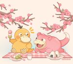  :d artist_name black_eyes blanket blush blush_stickers branch cherry_blossoms commentary cup dango english_commentary falling_petals fangs flower food highres holding holding_food looking_at_another no_humans notice_lines onigiri open_mouth petals picnic pink_flower plate pokemon pokemon_(creature) psyduck sanshoku_dango simple_background sitting slowpoke smile vanillacherie wagashi white_background 