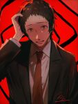  1boy @_@ adachi_tooru black_jacket brown_eyes brown_hair collared_shirt commentary_request hand_on_own_head hand_up highres jacket long_sleeves looking_at_viewer male_focus momotamago necktie nervous nervous_sweating open_clothes open_jacket open_mouth persona persona_4 red_background red_necktie shirt short_hair signature solo sweat upper_body white_shirt 