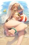  1girl ass ball barefoot beachball bead_anklet bikini black_bikini blonde_hair breasts cameltoe floral_print gainoob grin highres kitagawa_marin large_breasts long_hair nail_polish one_eye_closed pink_eyes pink_nails print_bikini rubber_duck signature smile solo sono_bisque_doll_wa_koi_wo_suru swimsuit toenail_polish toenails toes towel towel_on_head underboob water wet 