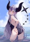  1girl adjusting_clothes adjusting_swimsuit ahoge breasts highres hololive horns la+_darknesss long_hair looking_at_viewer looking_back motoi_(croa76) multicolored_hair one-piece_swimsuit partially_submerged pointy_ears purple_hair small_breasts solo streaked_hair swimsuit yellow_eyes 