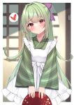  1girl alternate_costume apron blunt_bangs blurry blurry_background blush bow closed_mouth commentary cowboy_shot enmaided eyes_visible_through_hair frilled_apron frills green_hair green_kimono hair_bow half_updo head_tilt heart highres holding holding_tray indoors japanese_clothes kimono long_hair long_sleeves looking_at_viewer maid maid_apron murasame_(senren) purple_bow red_eyes senren_banka sidelocks solo spoken_heart standing straight-on straight_hair striped striped_kimono tray variant_set very_long_hair wa_maid white_apron wide_sleeves yosh1na 