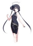  1girl 2t_(vmyz7342) absurdres black_hair blue_archive blunt_bangs breasts butterfly_hair_ornament chinese_clothes closed_mouth double_bun grey_hair hair_bun hair_ornament halo highres kisaki_(blue_archive) long_hair looking_at_viewer navel simple_background sleeveless small_breasts solo twintails white_background 