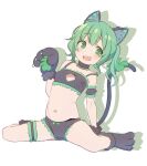  1girl alternate_costume animal_ears animal_hands black_bra black_panties blush bra cat_cutout cat_tail choker clothing_cutout flat_chest full_body gloves green_eyes highres komeiji_koishi light_green_hair looking_to_the_side masho_makamaka medium_hair navel no_headwear onii-chan_wa_oshimai! open_mouth panties parody paw_gloves paw_pose simple_background solo tail touhou underwear underwear_only wavy_hair white_background 