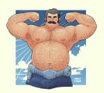  1boy absurdres alternate_body_hair alternate_pectoral_size arm_hair armpit_hair back_hair bara biceps big_belly bulge chest_hair cropped_legs denim double_biceps_pose facial_hair flexing gundam hahasthund hairy hand_hair highres jeans knuckle_hair large_pectorals looking_at_viewer male_focus mature_male mobile_suit_gundam_the_origin muscular muscular_male mustache navel navel_hair nipples pants pectorals ramba_ral stomach thick_eyebrows thick_mustache topless_male 