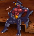  anthro balls bodily_fluids casual_erection casual_nudity detailed_background erection feet garchomp generation_4_pokemon genital_fluids genitals hi_res humanoid_genitalia humanoid_hands humanoid_penis looking_at_viewer male manly muscular muscular_anthro muscular_male navel nintendo nipples non-mammal_balls non-mammal_navel non-mammal_nipples nude ougon pecs penis pokemon pokemon_(species) precum sauna scalie sitting solo spread_legs spreading sweat tail 