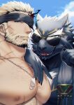  2boys adjusting_eyewear balor_(housamo) bara beard black_blindfold blindfold blonde_hair chest_hair facial_hair flaming_eye forked_eyebrows furry furry_male grey_fur hozu_(hozumi) jaguar_boy jewelry large_pectorals male_focus mature_male multiple_boys muscular muscular_male necklace nipples one_eye_covered open_mouth pectorals short_hair smile sunglasses tezcatlipoca_(housamo) thick_eyebrows tokyo_afterschool_summoners tusks two-tone_beard 