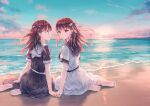  2girls arm_support barefoot beach belt black_belt black_bow black_sailor_collar black_skirt blue_sky bow brown_hair feet foot_out_of_frame from_behind gradient_sky hair_bow hiten_(hitenkei) holding_hands long_hair looking_at_another looking_at_viewer looking_back looking_to_the_side multiple_girls ocean on_ground original outdoors parted_lips pink_sky sailor_collar sand school_uniform short_sleeves sitting skirt sky soles striped striped_bow sunset toes white_belt white_bow white_sailor_collar white_skirt yokozuwari 