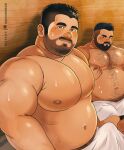  2boys bara beard_stubble belly big_belly black_hair bulge chest_hair daisukebear erection erection_under_clothes fat fat_man full_beard hairy highres huge_pectorals large_pectorals looking_at_another looking_at_viewer male_focus mature_male multiple_boys navel navel_hair nipple_tweak original paid_reward_available pectorals plump sauna short_hair smile solo_focus steam stomach thick_thighs thighs towel_around_waist tweaking_own_nipple undercut yaoi 