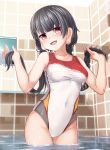  1girl adworse bathroom black_hair braid breasts competition_swimsuit holding holding_hair long_earlobes long_hair medium_breasts multicolored_clothes multicolored_swimsuit one-piece_swimsuit red_eyes solo swimsuit thigh_gap tile_wall tiles touhou twin_braids water white_one-piece_swimsuit yatadera_narumi 