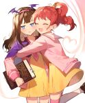  2girls absurdres azit_(down) blue_eyes blush book brown_hair closed_eyes commentary copyright_request dress headband highres hug jacket long_hair multiple_girls open_clothes open_jacket pink_headband pink_jacket pink_thighhighs ponytail pretty_(series) pripara red_hair smile standing standing_on_one_leg symbol-only_commentary thighhighs wing_hair_ornament yellow_dress 