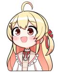  1girl :d ahoge blonde_hair blush_stickers cardigan chibi hololive jb_jagbung long_hair looking_afar neck_ribbon open_mouth otonose_kanade red_eyes red_ribbon ribbon simple_background smile solo transparent_background upper_body virtual_youtuber white_cardigan 