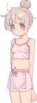  1girl absurdres arms_behind_back bare_shoulders breasts bright_pupils brown_eyes camisole closed_mouth cowboy_shot crop_top dot_mouth double-parted_bangs expressionless grey_hair hair_bun highres imamura_ryou light_blush light_brown_hair messy_hair midriff navel onii-chan_wa_oshimai! oyama_mahiro pajamas pink_camisole pink_pajamas pink_shorts short_shorts shorts simple_background single_hair_bun small_breasts solo white_background 