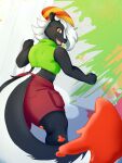  2019 absurd_res animaloftheelements anthro ashe_grewirt bangs big_butt black_body black_fur black_nose bottomwear butt clasped_hands clothed clothing digital_drawing_(artwork) digital_media_(artwork) eyebrows eyelashes fangs female fluffy fluffy_tail fur green_clothing green_shirt green_topwear green_tube_top hair hair_over_eye happy hat headgear headwear hi_res long_tail looking_back mammal mephitid one_eye_obstructed open_mouth orange_clothing orange_eyes orange_hat orange_headwear paint painting pattern_clothing pattern_hat pattern_headgear pattern_headwear pockets rear_view red_bottomwear red_clothing red_shorts shirt shorts simple_background skunk smile snout solo striped_body striped_clothing striped_fur striped_hat striped_headgear striped_headwear stripes tail tail_as_paintbrush teeth thick_thighs tongue topwear tube_top white_body white_fur white_hair wide_hips 