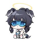  1girl animal_ears bare_shoulders black_hair blue_archive blue_eyes blush breasts cheerleader chibi closed_mouth crop_top dog_ears dog_girl dog_tail goggles halo hibiki_(blue_archive) hibiki_(cheer_squad)_(blue_archive) long_hair looking_at_viewer millennium_cheerleader_outfit_(blue_archive) official_alternate_costume paw_print simple_background skirt solo star_sticker sticker_on_arm sticker_on_face sunglasses tail white_background yukki_bunny 