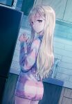  1girl ayase_saki blonde_hair cowboy_shot cup cupboard dutch_angle gimai_seikatsu hair_ornament hairclip highres hiten_(hitenkei) holding holding_cup long_hair looking_at_viewer looking_back microwave mug night open_mouth pajamas purple_eyes solo striped striped_pajamas 