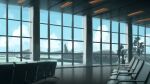  aircraft airplane airport bench blue_sky ceiling ceiling_light chair cloud cloudy_sky highres indoors meron_2770 no_humans original painting_(medium) plant potted_plant reflection runway scenery sky tower traditional_media 